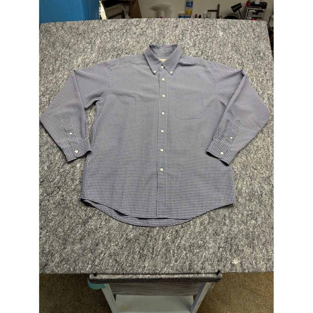 LL Bean Mens Large Regular Navy Blue Micro Check Modal Blend Button Down Shirt